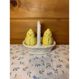 Rae Dunn Chick Salt and Pepper Shaker Set in Basket NIB